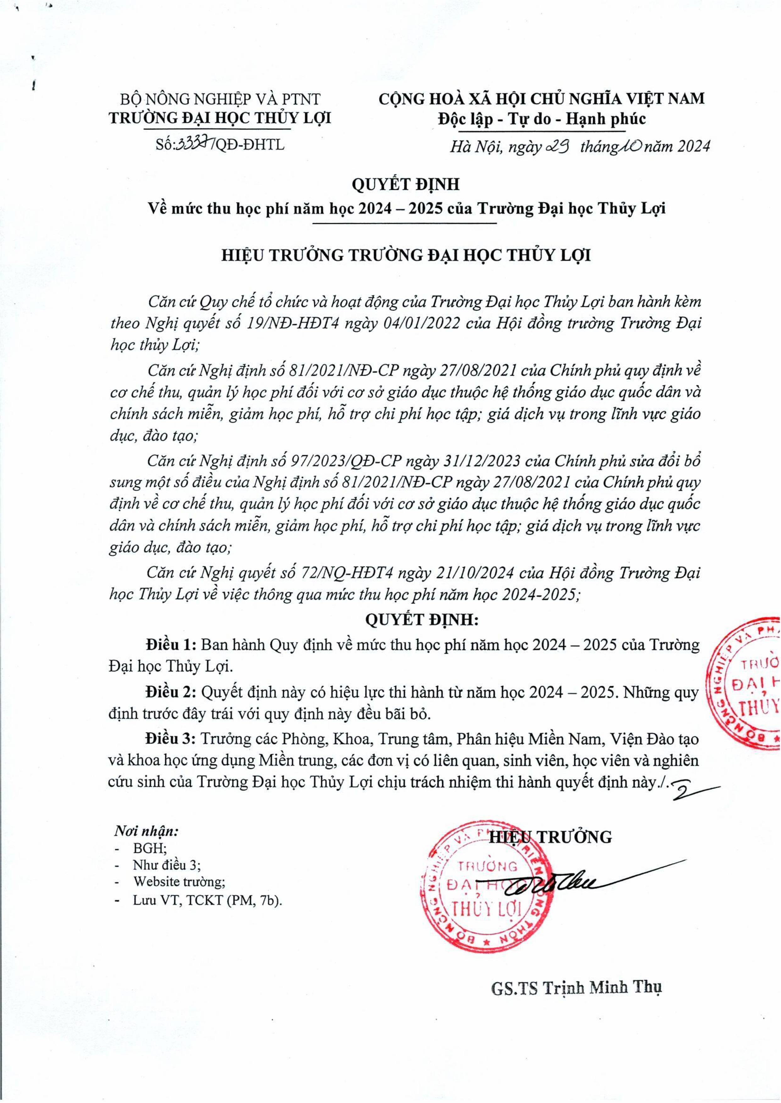 Quyết định mức thu học phí năm học 2024-2025 của Trường Đại học Thủy lợi