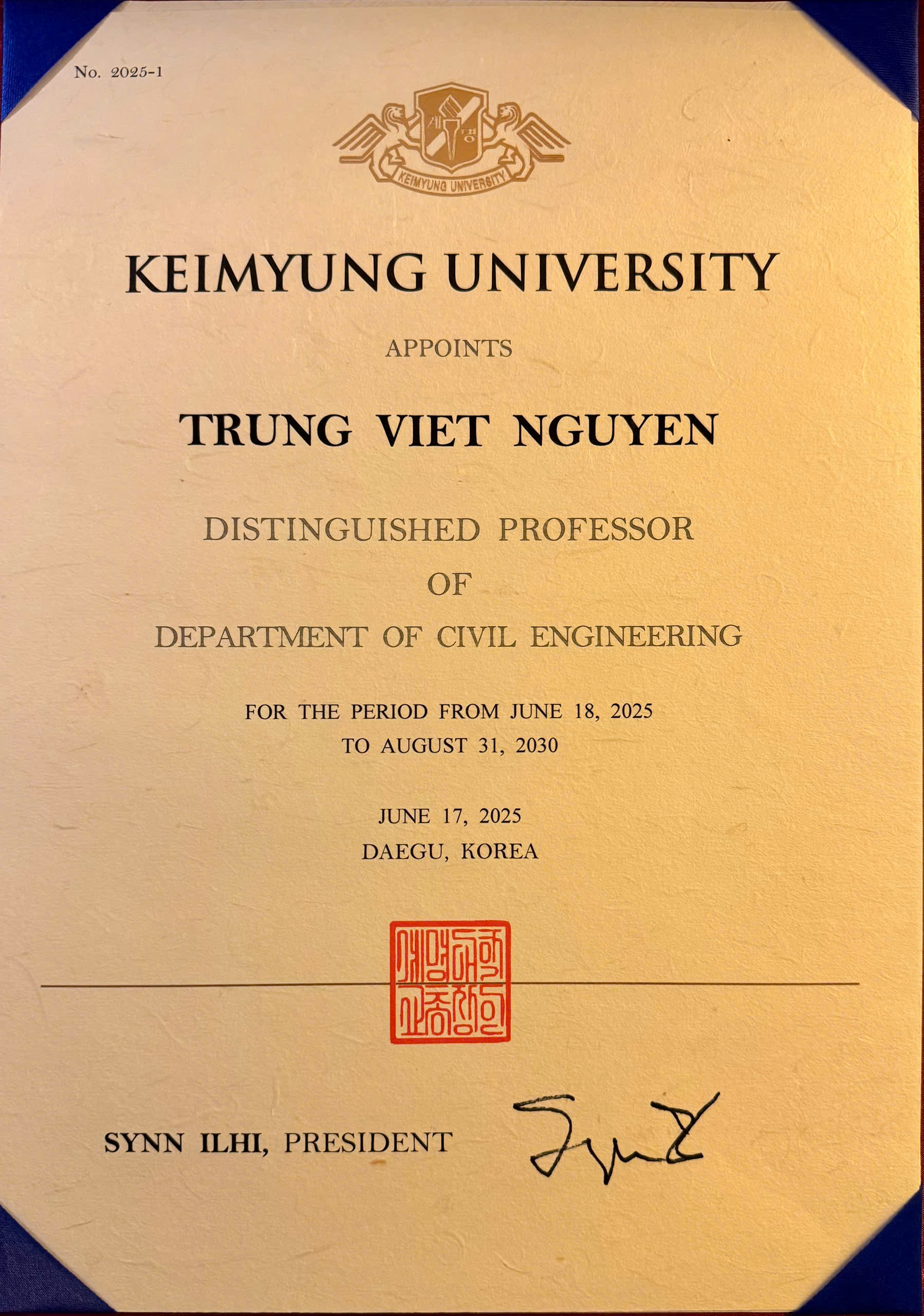 Prof. Dr. Nguyen Trung Viet appointed Distinguished Professor at Keimyung University, South Korea