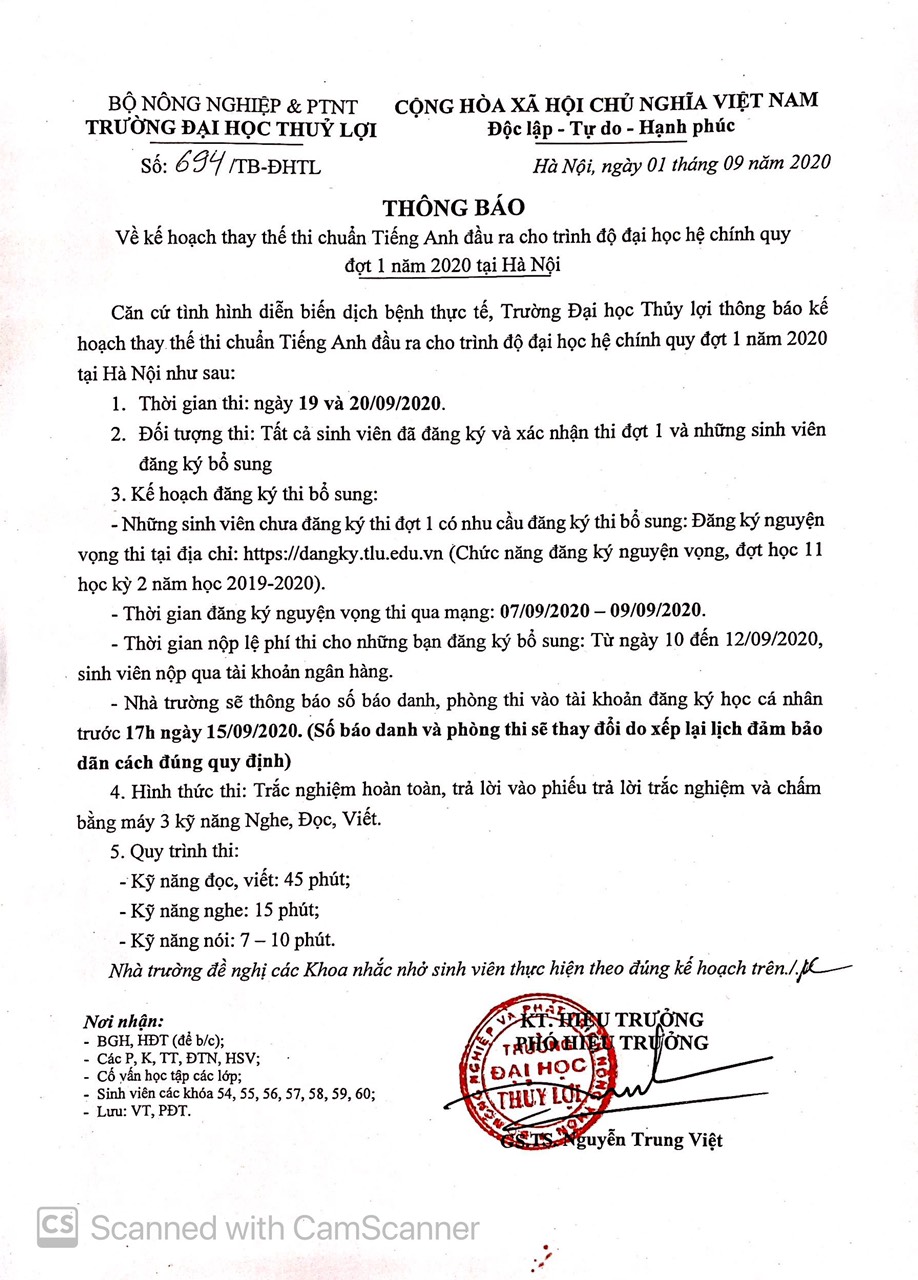 Thông báo kế hoạch thay thế thi chuẩn Tiếng Anh đầu ra cho sinh viên ĐHCQ đợt 1 năm 2020