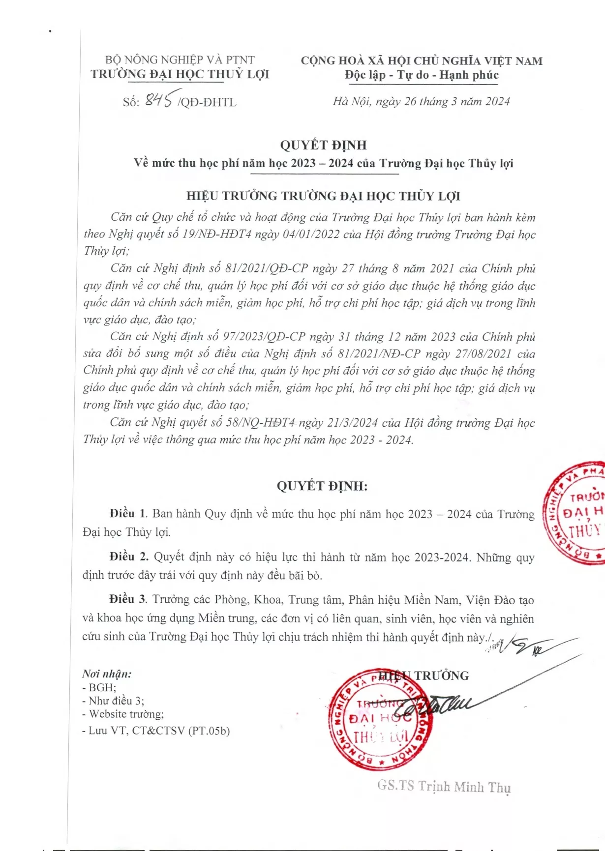 Quyết định về mức thu học phí năm học 2023-2024 của Trường Đại học Thủy lợi