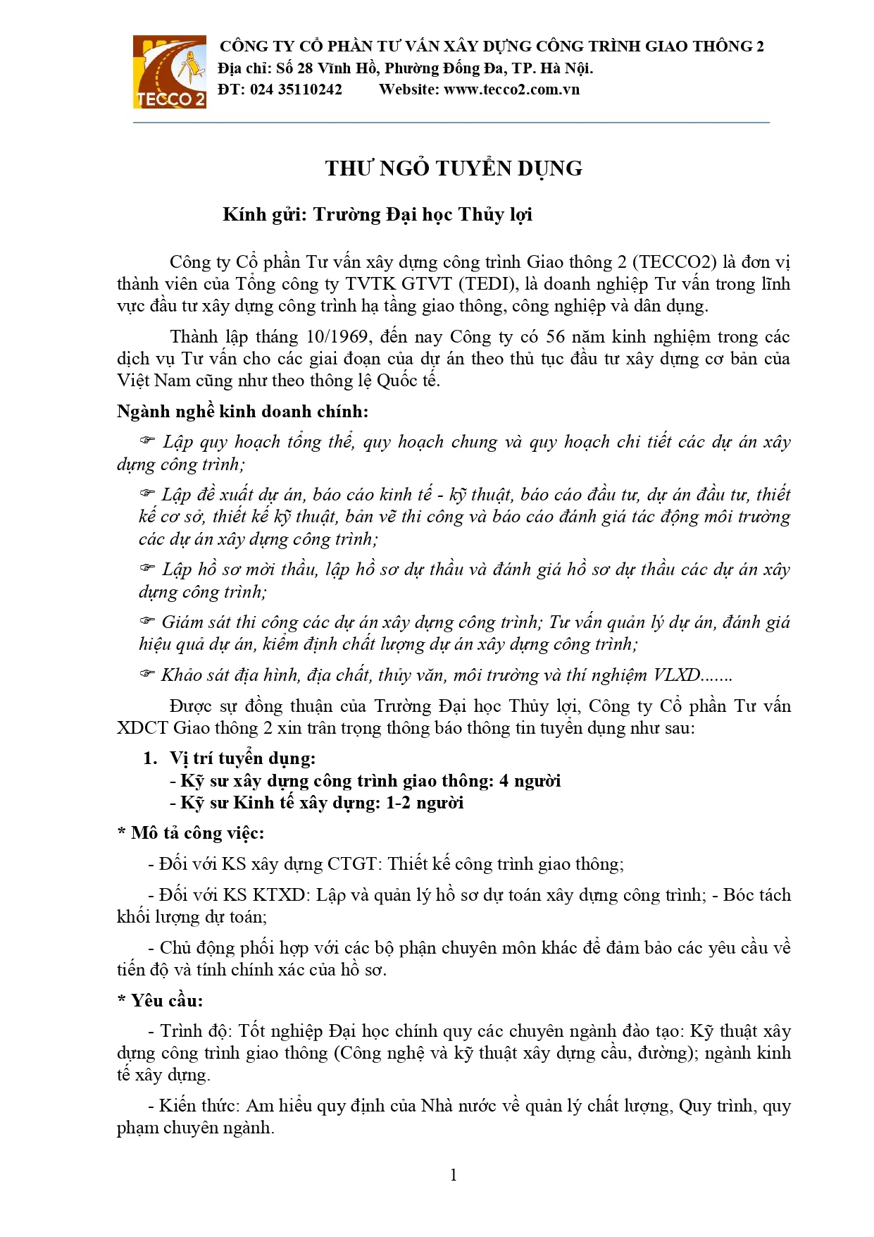 Công ty Cổ phần tư vấn xây dựng công trình giao thông 2 tuyển dụng