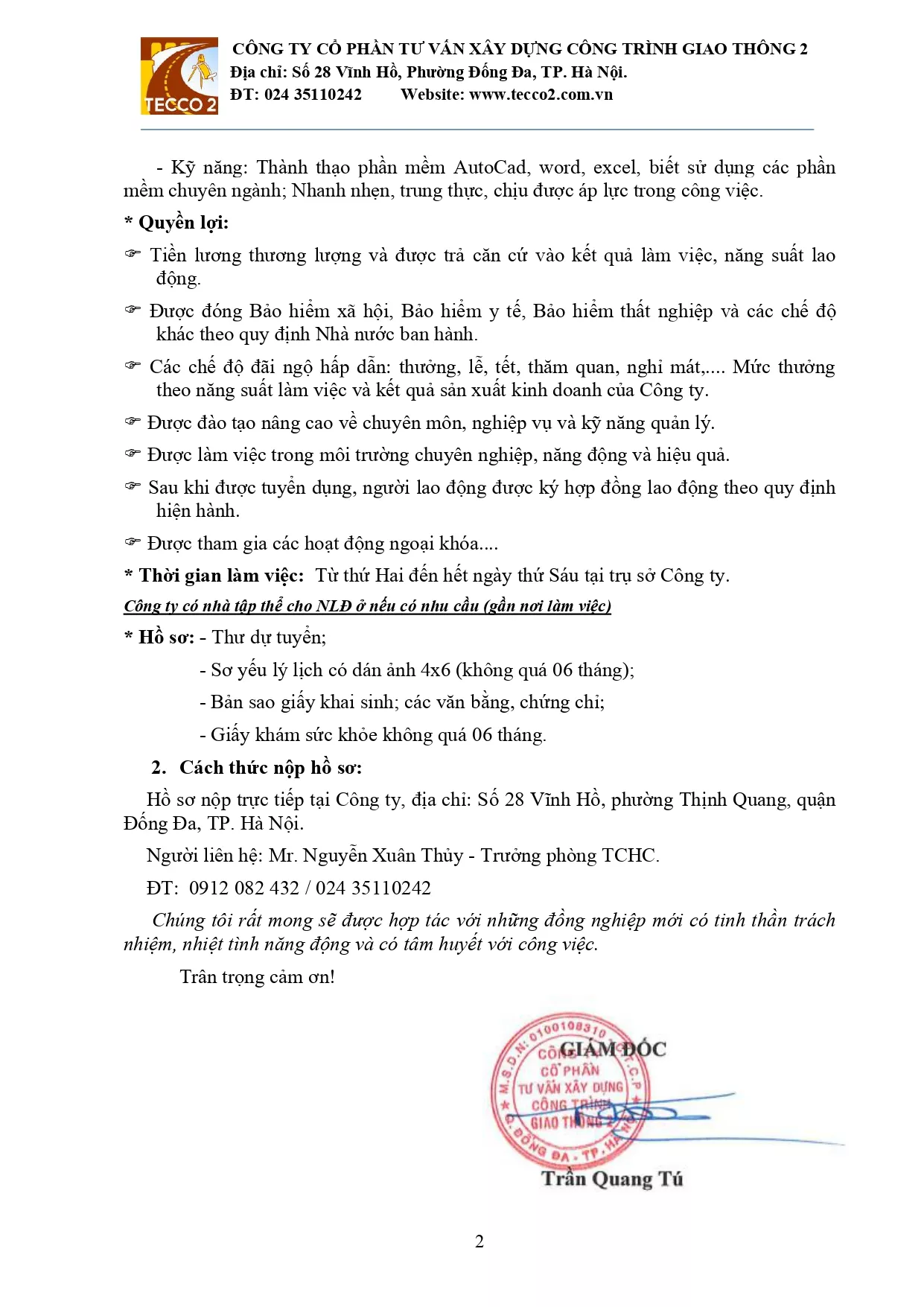 Công ty Cổ phần tư vấn xây dựng công trình giao thông 2 tuyển dụng