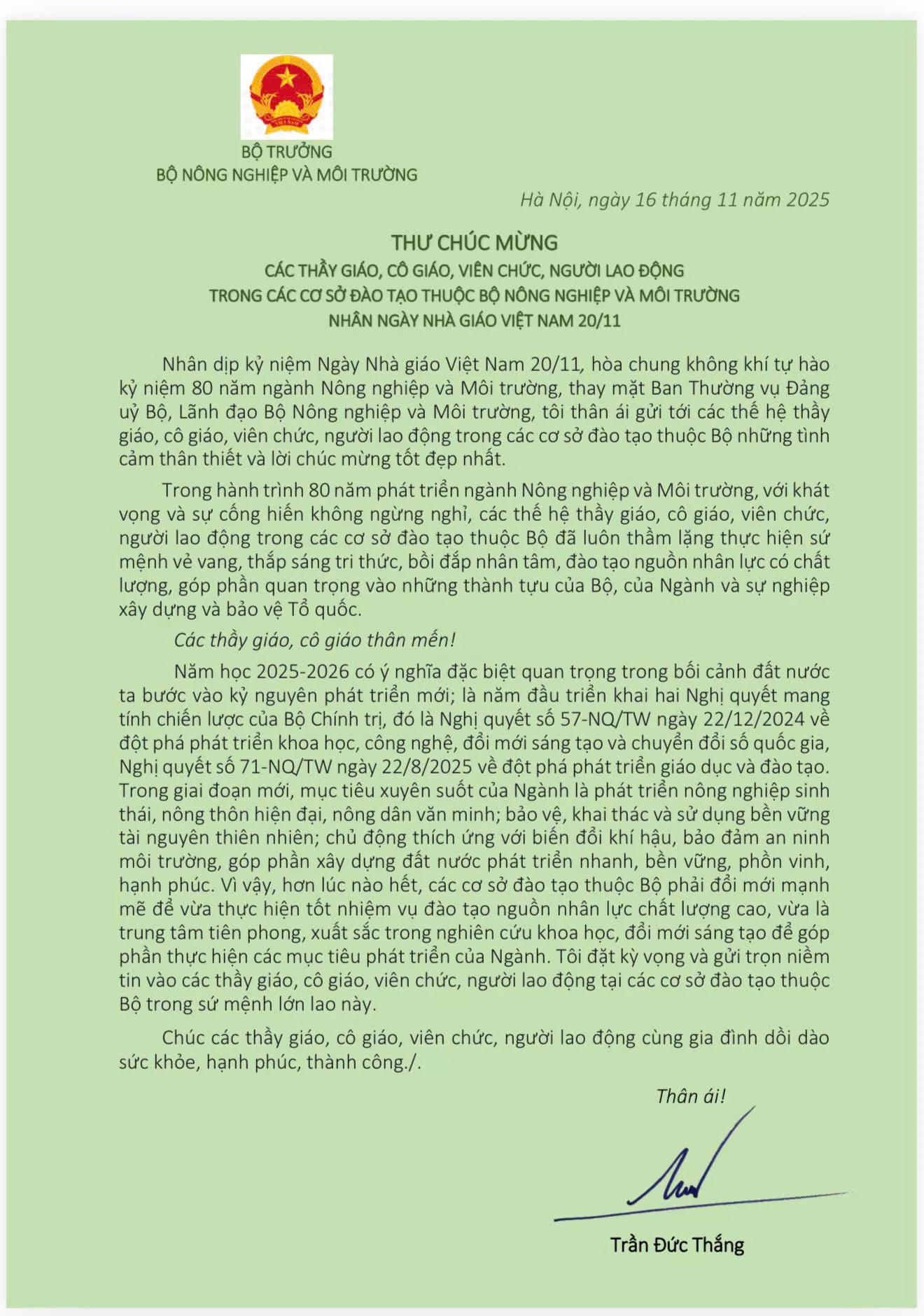 Thư chúc mừng Ngày Nhà giáo Việt Nam 20/11của Bộ trưởng Bộ Nông nghiệp và Môi trường