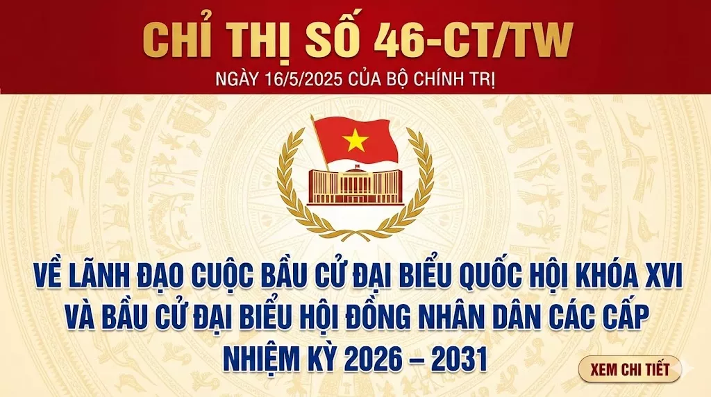 Chỉ thị số 46-CT/TW ngày 16/5/2025 của Bộ Chính trị về lãnh đạo cuộc bầu cử đại biểu Quốc hội khóa XVI và bầu cử đại biểu Hội đồng nhân dân các cấp nhiệm kỳ 2026 – 2031
