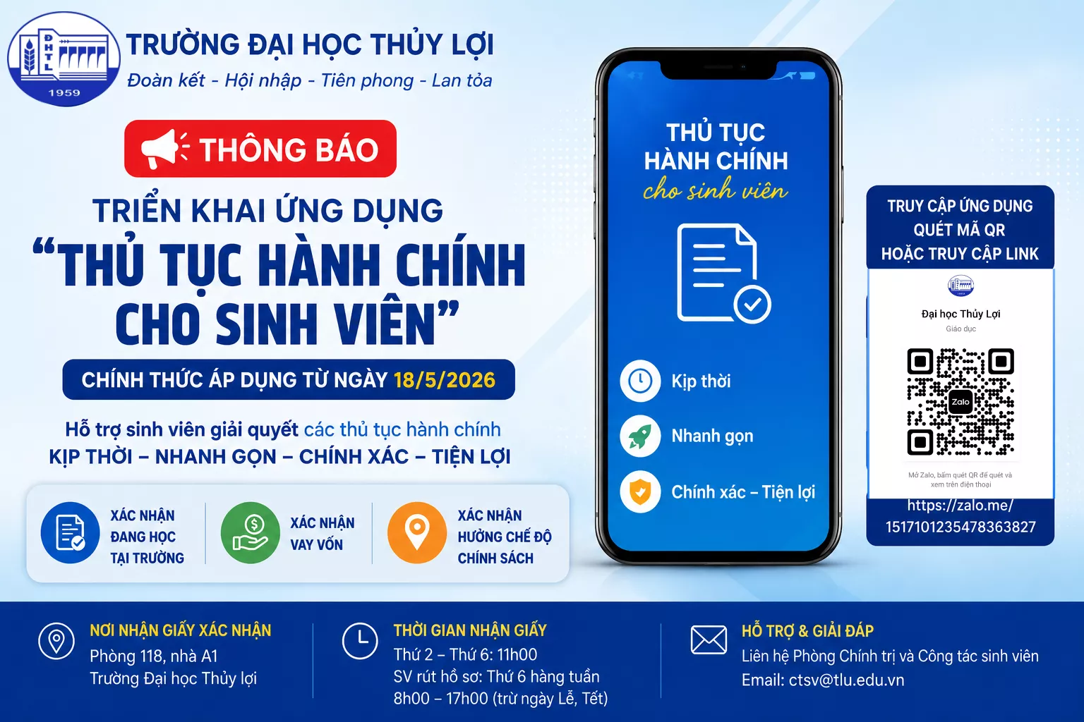 Thông báo Triển khai ứng dụng “Thủ tục hành chính cho sinh viên” tại Trường Đại học Thủy lợi