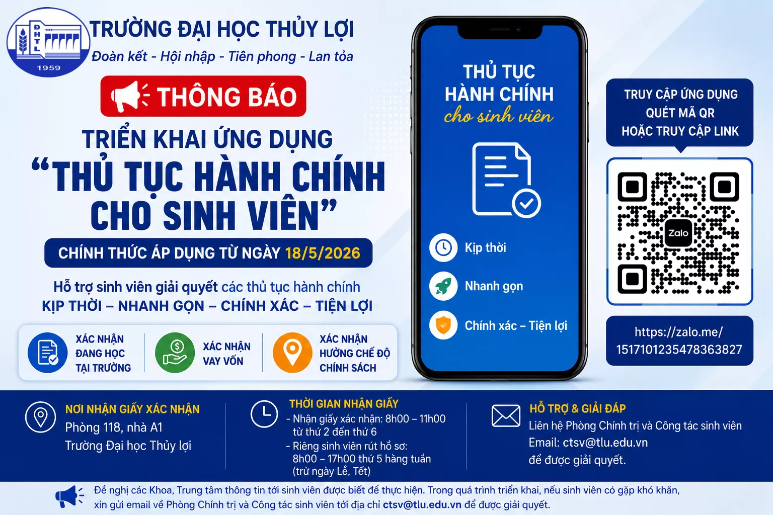 Thông báo Triển khai ứng dụng “Thủ tục hành chính cho sinh viên” tại Trường Đại học Thủy lợi