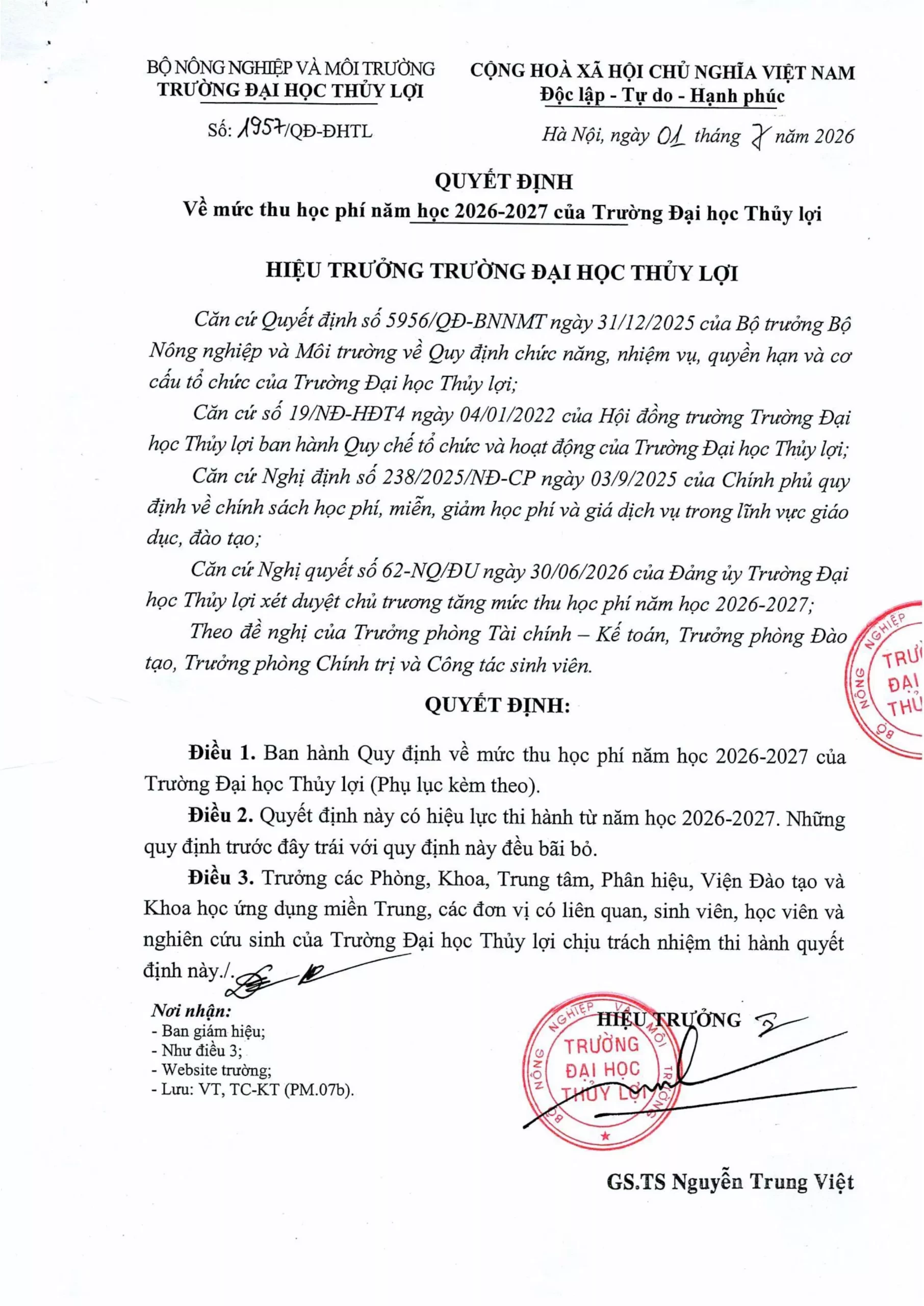 Quyết định về mức thu học phí năm học 2026-2027 của Trường Đại học Thủy lợi